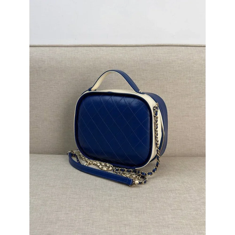 CHANEL Blue and White Lambskin Two Tone Vanity Case Bag SHW